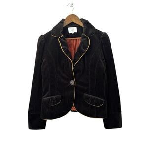 Tara Jarmon Paris Velvet Corduroy Blazer Jacket Black Size 4 Contrast Trim Lined